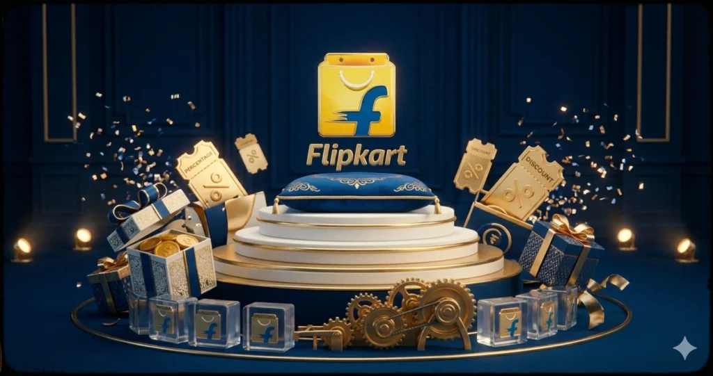 A detailed 3D render of an opulent and festive Flipkart product showcase, featuring a tiered pedestal draped in a blue velvet cushion, with the gold and blue Flipkart logo prominently displayed. The scene is filled with elements of luxury and celebration, including scattered golden discount tickets, percent-off tags (labeled 'DISCOUNT' and 'PERCENTAGE'), golden coins, and scattered glitter and confetti. Intricate golden gears and machinery bases can be seen around the pedestal, framed by golden chains. The background consists of dark blue wall paneling with gold trim and individual spotlights illuminating the entire display, set within a dark decorative border.
